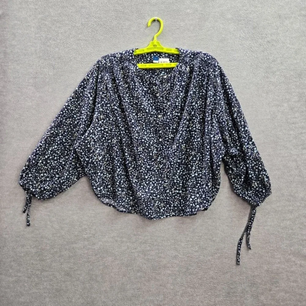 Old Navy Women‎ Top L Blue Ditsy Floral Oversized Corduroy Blouse Puff Sleeve